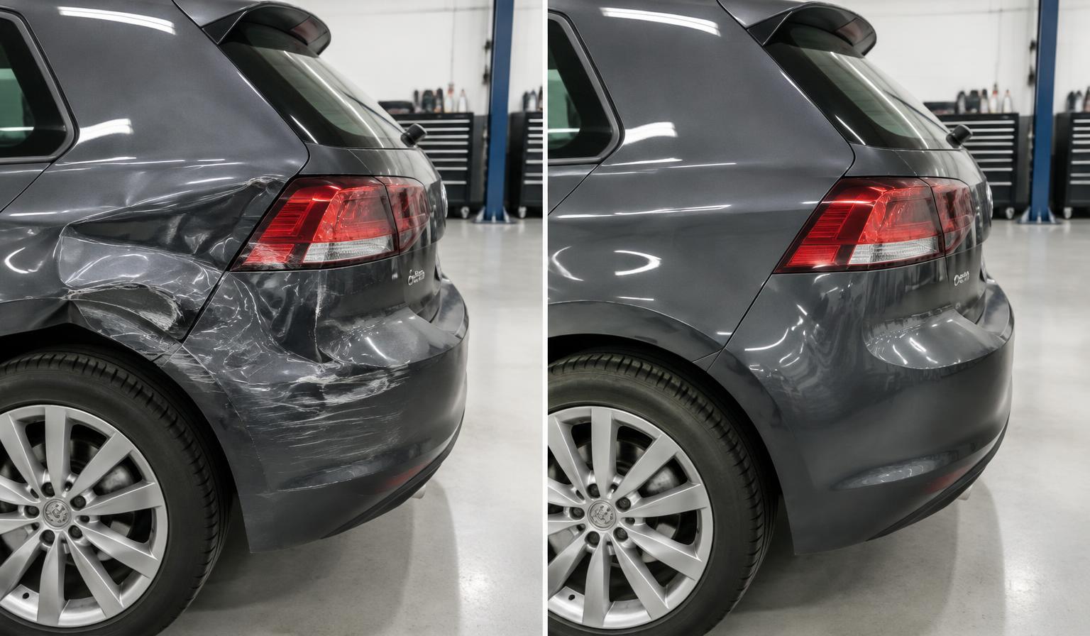 Illustrative comparison of damaged and restored grey vehicle rear panels