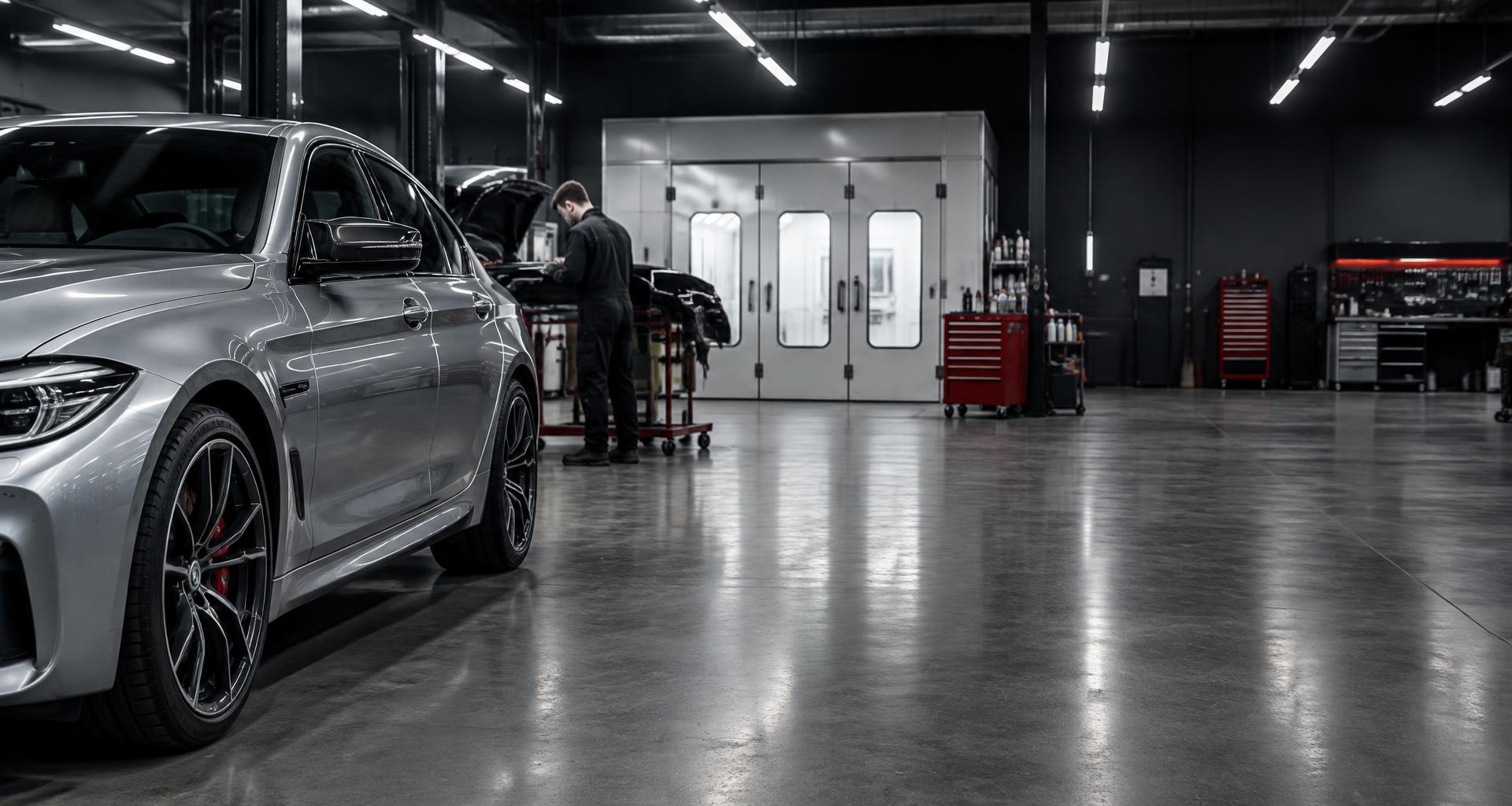 Silver vehicle inside a professional modern automotive repair workshop